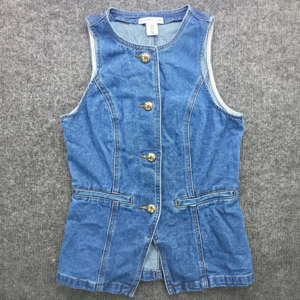 Sincerely Jules Denim Vest Womens Medium Blue Cotton Blend Gold Button Slim Fit